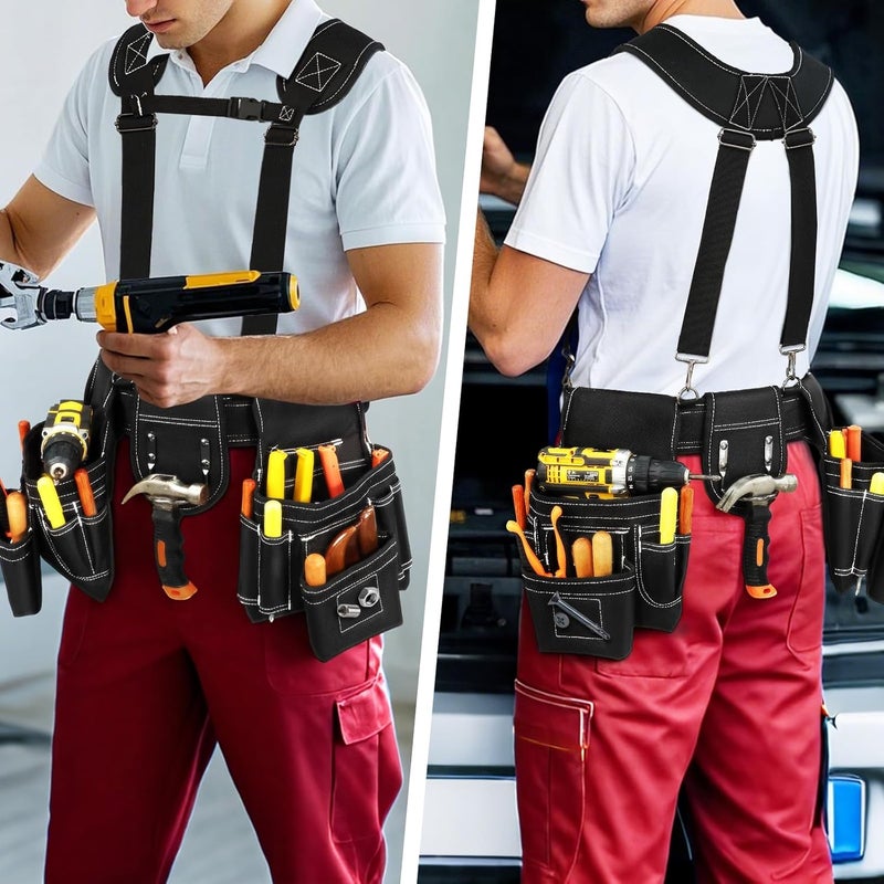 TEKCHIC Tool Belt, Professional Tool Belts for Men, Magnetic Tool Pouch With Suspenders, Heavy Duty Detachable Adjustable Utility Belt Work Bags for Electrician, Carpenter (Black, 32''-66'') - Image 2